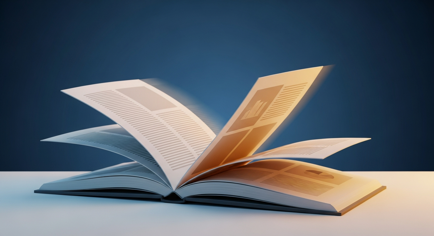 A flipbook spread turning above an ink-blue desk, lit by a warm amber glow
